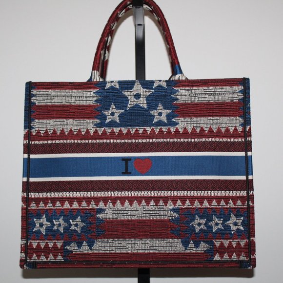 CHRISTIAN DIOR Canvas Embroidered Exclusive US Book Tote Red White Blue - Picture 2 of 12